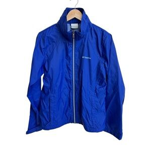 Columbia Bright Blue Full Zip Long Sleeve Foldable Hood Women Sz L Wind Breaker